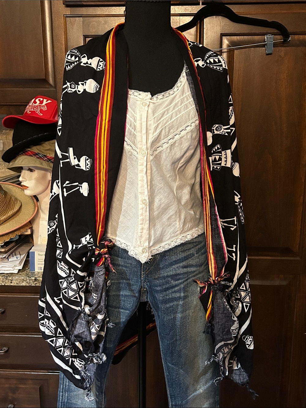 Tribal 58 x 42 Black White Orange Patterned Wrap Scarf Shawl